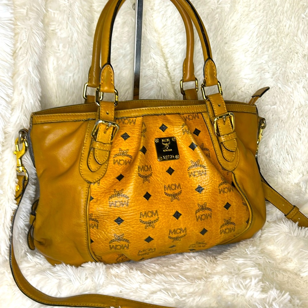 MCM Mustard Yellow Logo-Print Leather Satchel